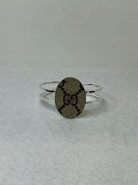 Gucci Monogram Canvas Silver Oval Cuff Bangle Bracelet